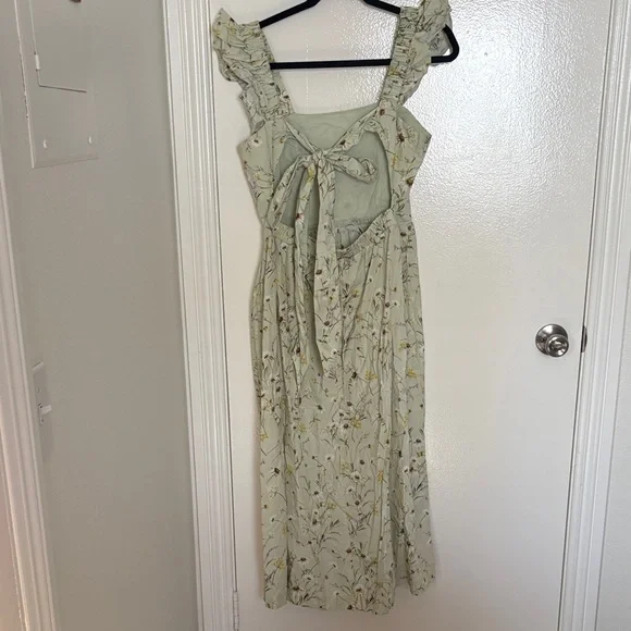 Light Green Floral Midi Dress with Ruffle Straps - Picture 3 of 3